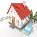 Cartoon Scenic House With Red Roof White Picket Fence Green Trees And Blue Car