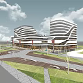 Modern Commercial Complex Featuring Contemporary Architecture Plaza Green Areas And Pedestrian Walkways