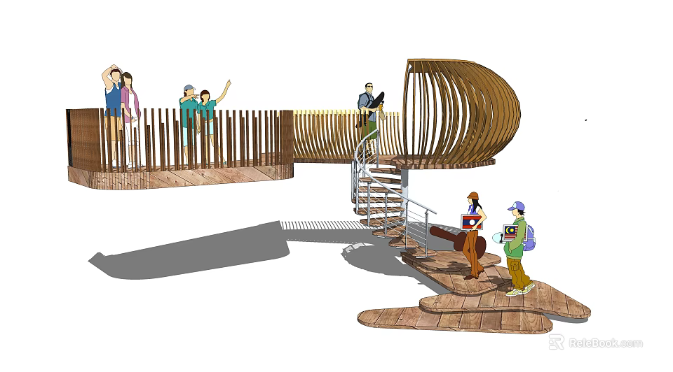 Pedestrian Road Facilities With Wooden Spiral Staircase And Viewing Walkway Structure 3d model 