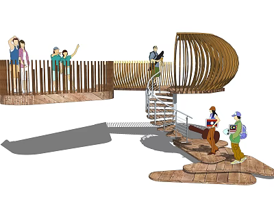 Pedestrian Road Facilities With Wooden Spiral Staircase And Viewing Walkway Structure 3d model