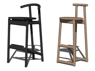 Modern Black and Wooden Bar Stools with Minimalist Backrest Design 3d model