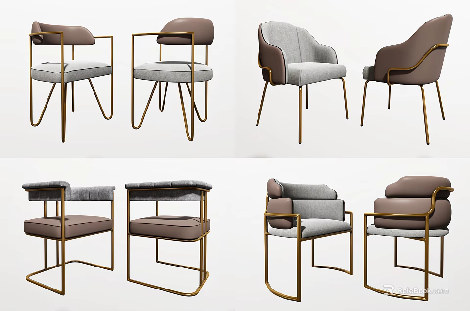 Modern Upholstered Dining Chairs With Gray Brown Colors And Metal Gold Legs 3d model 