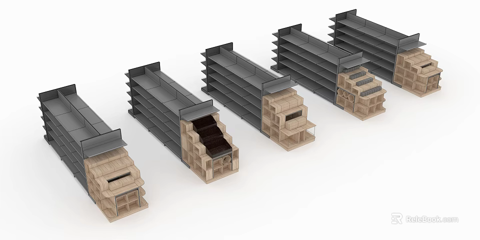 Modern Display Shelves With Multi Tiered Design And Wooden Gray Finish For Retail Store 3d model 