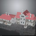 Detailed White Buildings Featuring Pink Roofs Multiple Windows Chimneys And Stairs