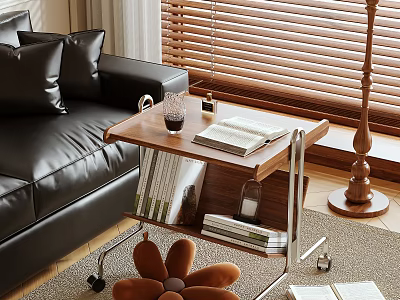 Functional Living Room Wooden Side Table With Wheels And Storage Shelf And Books Glass Lamp 3d model