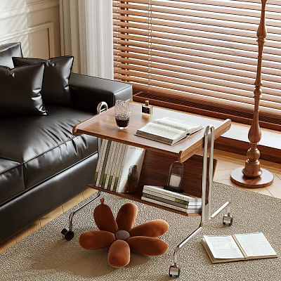 Functional Living Room Wooden Side Table With Wheels And Storage Shelf And Books Glass Lamp 3d model