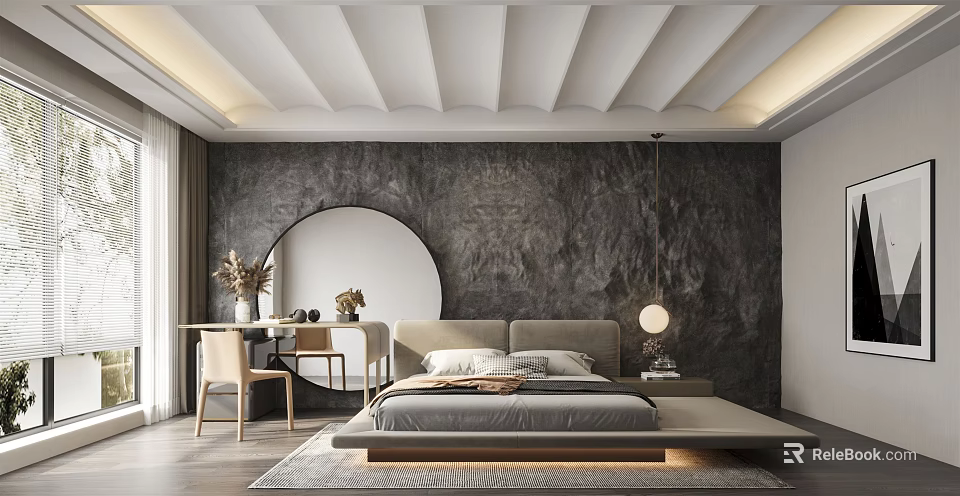 Modern Bedroom Interior Design With Gray Wall Round Mirror Bed Desk Pendant Light And Rug 3d model 