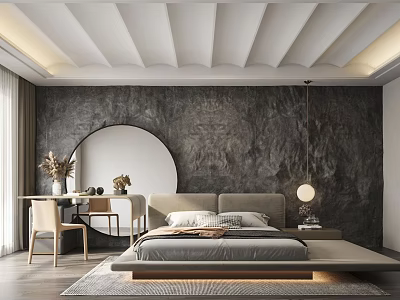 Modern Bedroom Interior Design With Gray Wall Round Mirror Bed Desk Pendant Light And Rug 3d model