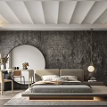 Modern Bedroom Interior Design With Gray Wall Round Mirror Bed Desk Pendant Light And Rug