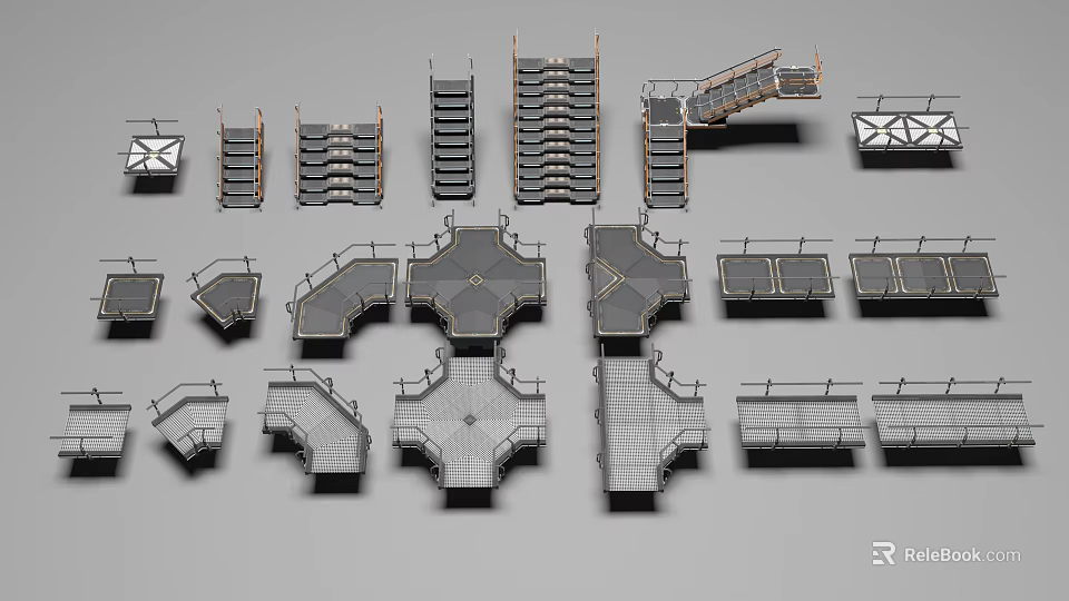 Various Staircase 3D Models With Different Designs Platforms And Railings 3d model