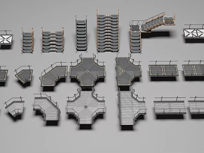 Various Staircase 3D Models With Different Designs Platforms And Railings 3d model