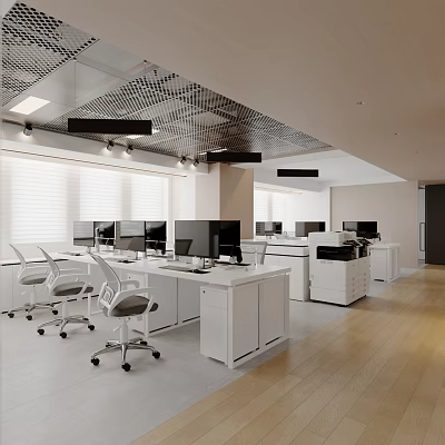 Public Office Space With Modern White Desks Computers Office Chairs And Wooden Floor 3d model