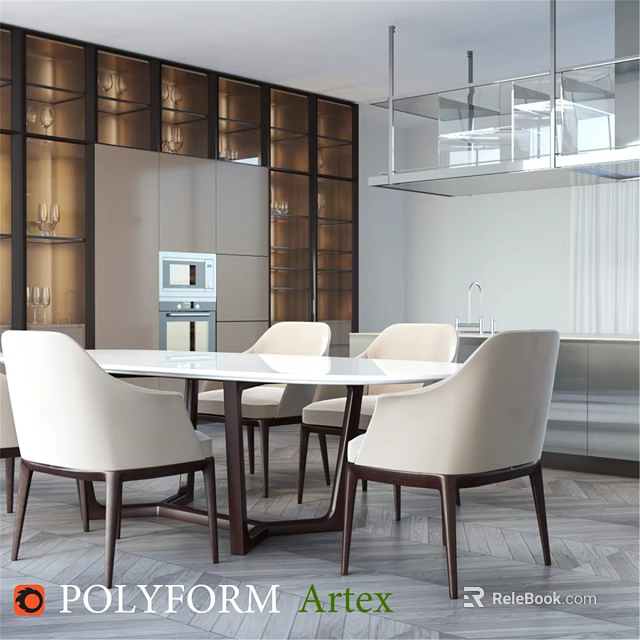 Modern Open Kitchen Interior With Glass Door Cabinets And Dining Table 3d model 