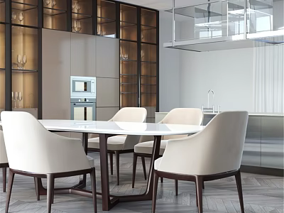 Modern Open Kitchen Interior With Glass Door Cabinets And Dining Table 3d model