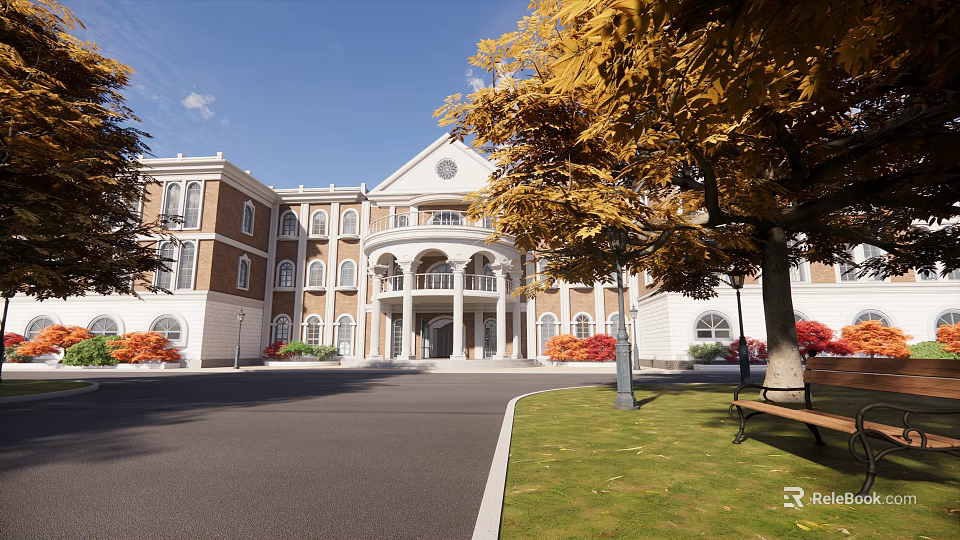 Elegant Classical Building with Red Bricks White Walls Porch Columns Autumn Trees Lawn and Bench 3d model 