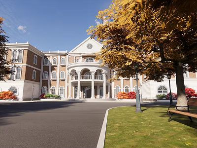 Elegant Classical Building with Red Bricks White Walls Porch Columns Autumn Trees Lawn and Bench 3d model