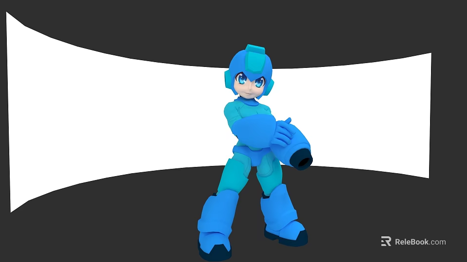 Blue Robot Game Character With Helmet Standing Pose Holding Arm Cannon 3d model 