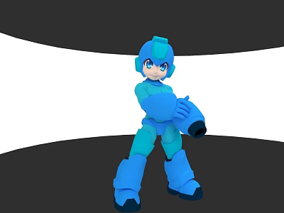 Blue Robot Game Character With Helmet Standing Pose Holding Arm Cannon 3d model