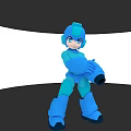 Blue Robot Game Character With Helmet Standing Pose Holding Arm Cannon