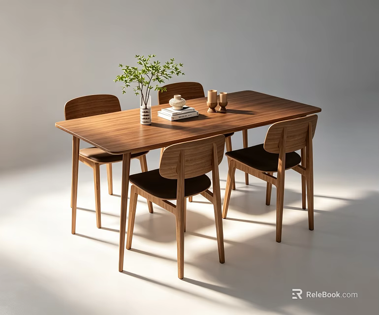 Wooden Dining Table with Four Modern Chairs Decorated with Green Plant Vase Teacup and Book 3d model 