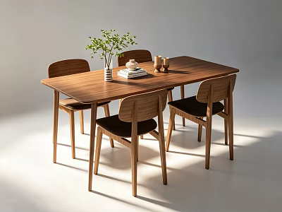 Wooden Dining Table with Four Modern Chairs Decorated with Green Plant Vase Teacup and Book 3d model