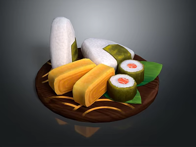 Traditional Asian Food Platter with Rice Dumplings Tamagoyaki and Sushi Rolls on Wooden Plate 3d model