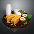 Traditional Asian Food Platter with Rice Dumplings Tamagoyaki and Sushi Rolls on Wooden Plate