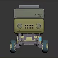 Cartoon Robot Character Vehicle With Green Gray Body Blue Wheels And Headlights