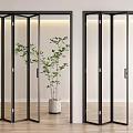 Modern Folding Doors With Black Frames Transparent Glass Green Plant And Wooden Floor