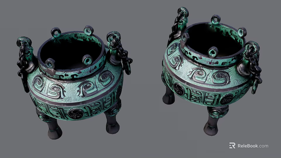 Ancient Style Ceramic Vessels With Mythical Beast Ornaments Intricate Patterns And Three Legs 3d model 