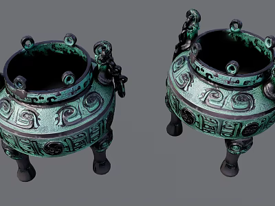 Ancient Style Ceramic Vessels With Mythical Beast Ornaments Intricate Patterns And Three Legs 3d model
