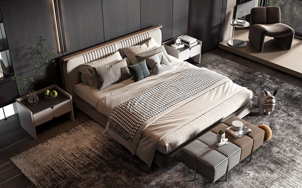 Modern Bedroom Double Bed With Soft Pillows Patterned Bedspread Nightstand Bench And Rug 3d model 