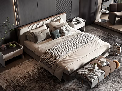 Modern Bedroom Double Bed With Soft Pillows Patterned Bedspread Nightstand Bench And Rug 3d model