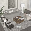 Modern Gray Sofa and Coffee Table Set with Armchair Area Rug Floor Lamp and Plants