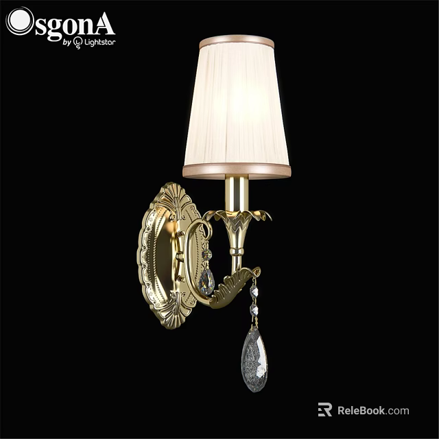 Elegant Golden Wall Lamp Featuring Ornate Base White Lampshade And Crystal Pendant 3d model 
