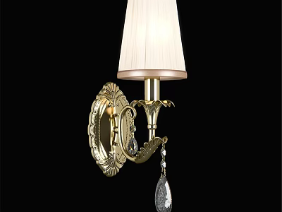 Elegant Golden Wall Lamp Featuring Ornate Base White Lampshade And Crystal Pendant 3d model
