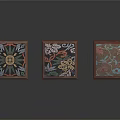 Three Square Wooden Stools With Colorful Floral Patterns And Traditional Design