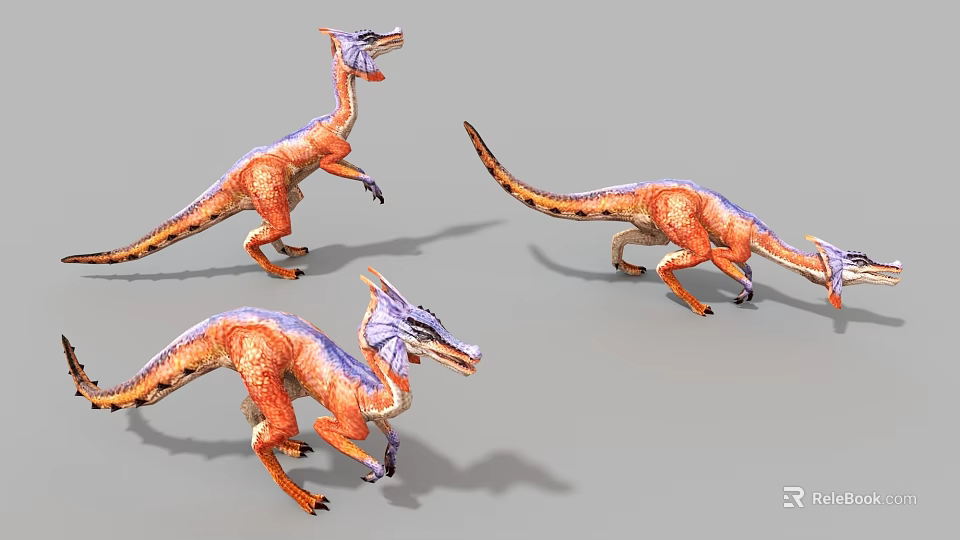 Three Orange Purple Dinosaur Game Movie Characters With Long Neck And Tail 3d model 