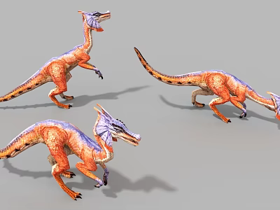 Three Orange Purple Dinosaur Game Movie Characters With Long Neck And Tail 3d model