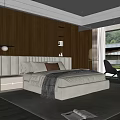 Modern Bedroom Interior Featuring White Upholstered Bed Dark Striped Walls And Large Window Green View