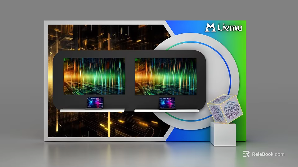 Modern Display Shelf with Dual Screens Showing Colorful Wave Patterns and Cube Decoration 3d model 
