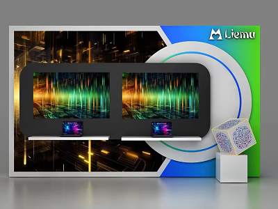 Modern Display Shelf with Dual Screens Showing Colorful Wave Patterns and Cube Decoration 3d model