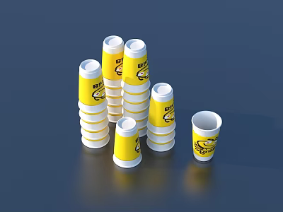 Stacked Yellow Paper Cups With Cartoon Patterns On Dark Background 3d model