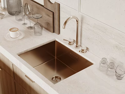 Stainless Steel Kitchen Sink With Gold Faucet On Marble Countertop In Modern Kitchen 3d model