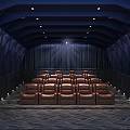 Modern Cinema Interior With Red Seats Large Screen And Blue Curved Walls