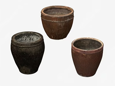 Three Rustic Ceramic Vessels With Handcrafted Texture In Brown Black Hues 3d model