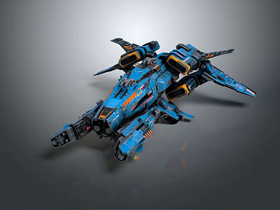 Futuristic Blue And Orange Sci Fi Spaceship Model With Detailed Wings And Engines 3d model