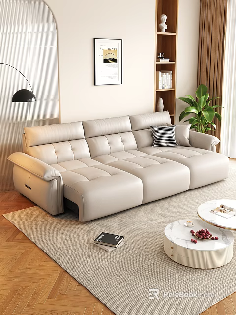 Modern Light Beige Leather Sofa with Round Coffee Table Floor Lamp Green Plant and Rug 3d model 