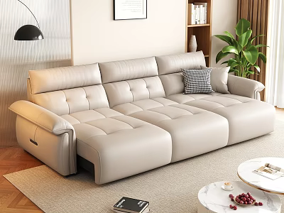 Modern Light Beige Leather Sofa with Round Coffee Table Floor Lamp Green Plant and Rug 3d model