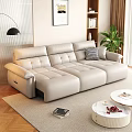 Modern Light Beige Leather Sofa with Round Coffee Table Floor Lamp Green Plant and Rug